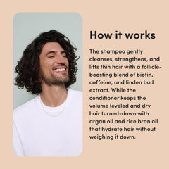 Hims Max Volume shampoo and conditioner pack on a vanity for daily routine.