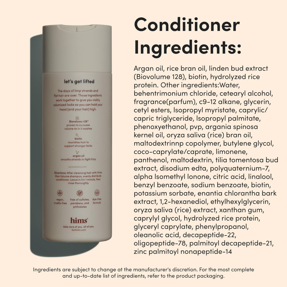 Sulfate-free label on Hims Max Volume packaging signals gentle cleansing.