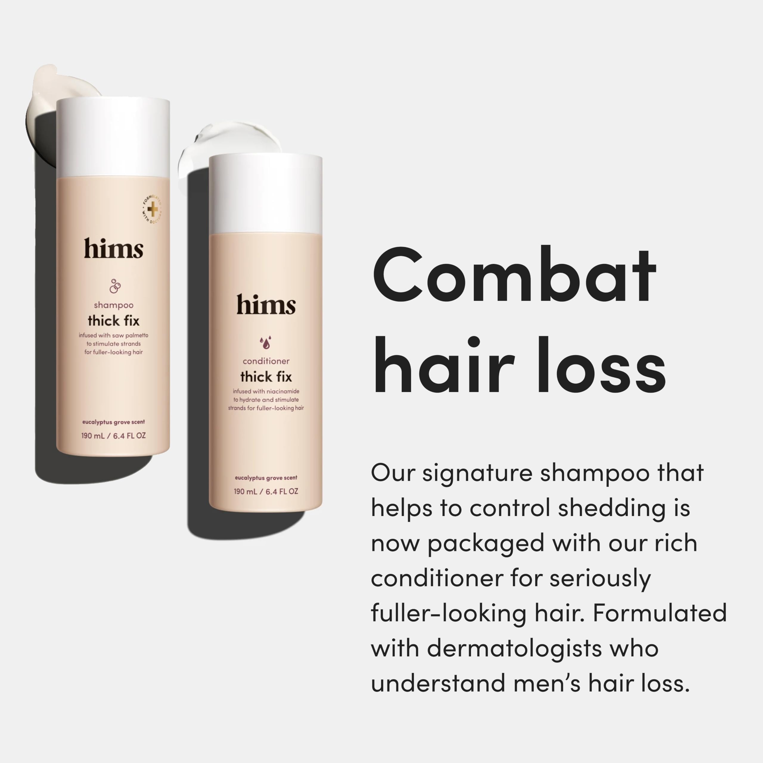 hims Thick Fix conditioner bottle pouring for nourishment and softness