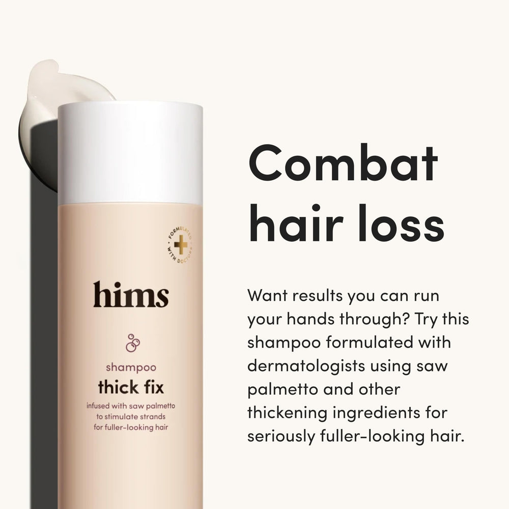 Hims Thick Fix Shampoo bottle back label showing vegan and cruelty-free claims.