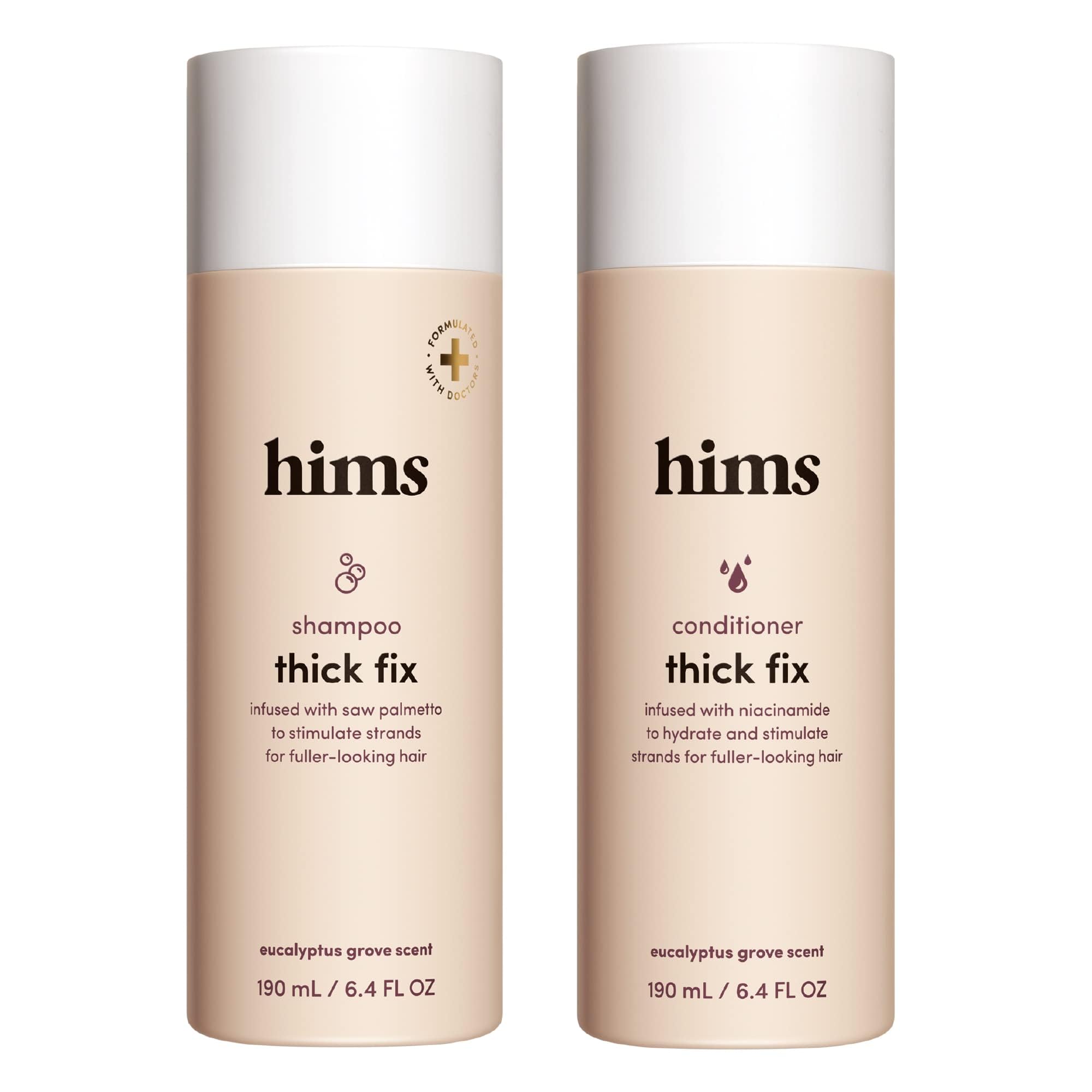 hims Thick Fix shampoo bottle pouring for a refreshing cleanse and scalp care