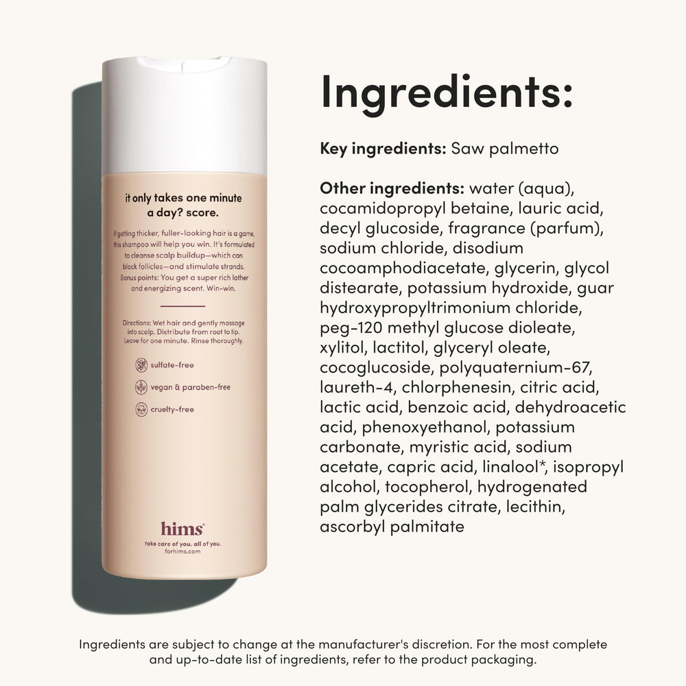 Color-treated hair safe badge on Hims Thick Fix packaging.