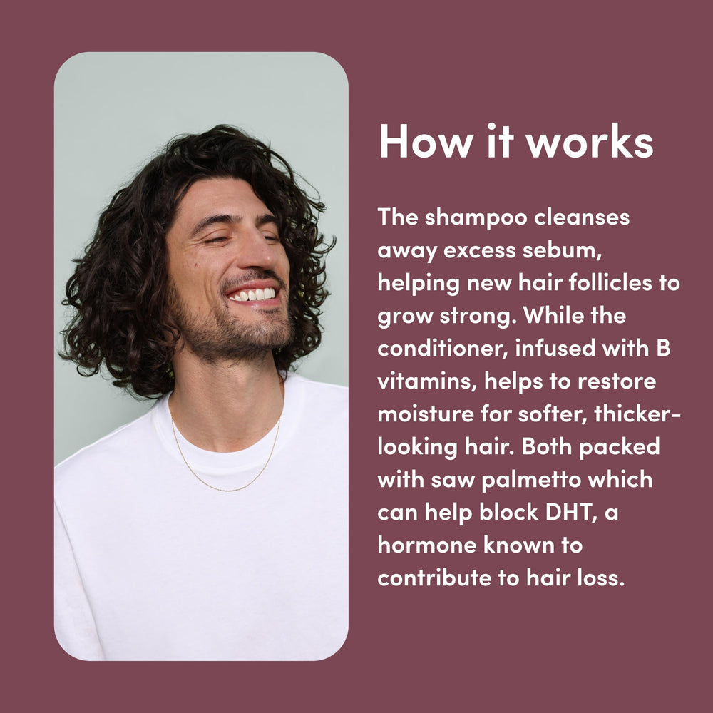 hims Thick Fix shampoo and conditioner set packaging displayed for home use