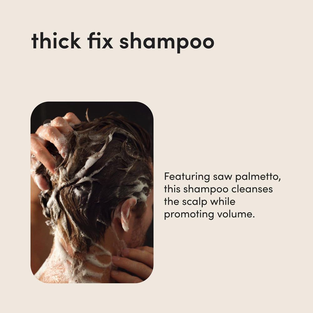 Hims Thick Fix shampoo label close-up, paraben- and sulfate-free formula.