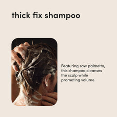 Hims Thick Fix shampoo label close-up, paraben- and sulfate-free formula.