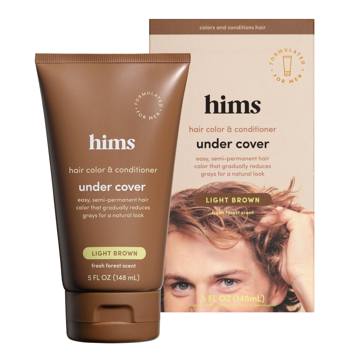 Hims Under Cover Hair Color bottle shows argan oil hydration for subtle gray blending.