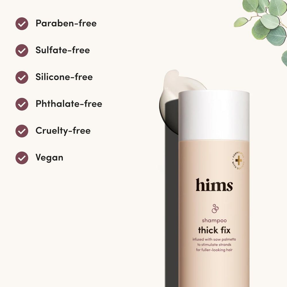 Hims cruelty-free and vegan logo on packaging signals ethical formulation.
