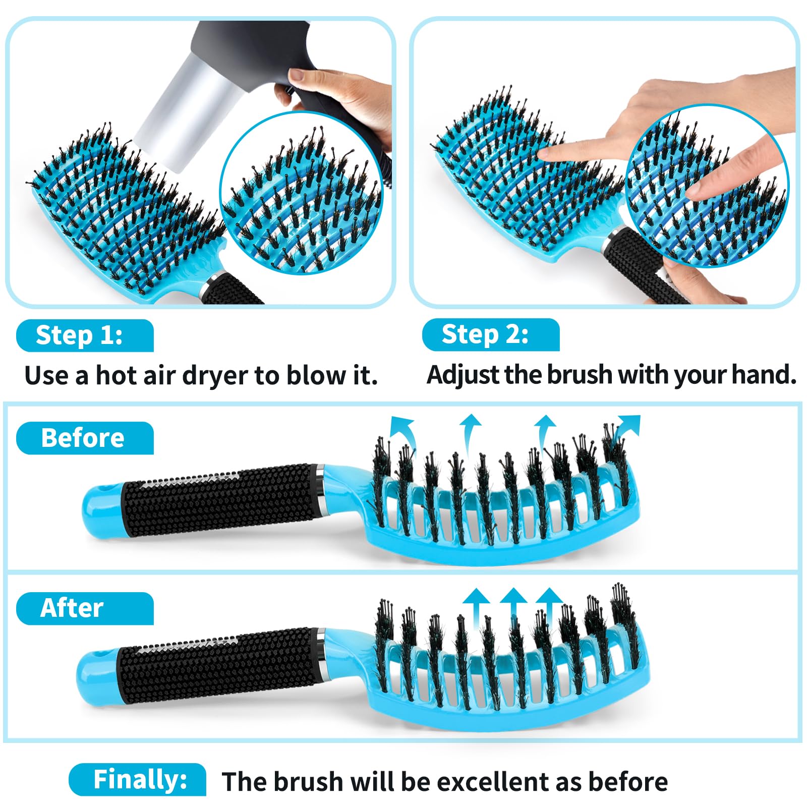 HIPPIH natural boar bristles reduce static and breakage.