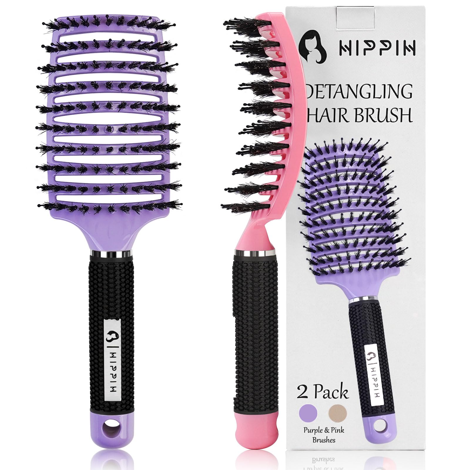 HIPPIH boar-bristle hair brush set 2-pack glides through tangles for smoother mornings.