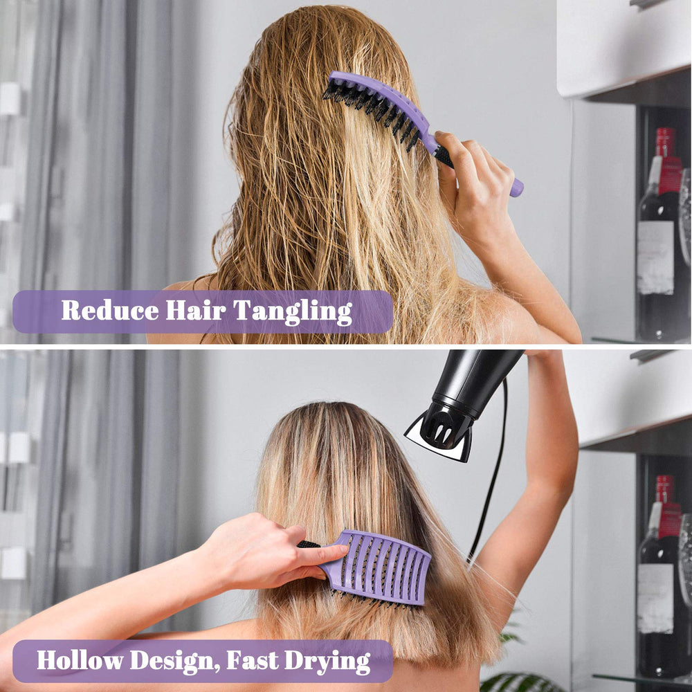 HIPPIH natural boar bristles and nylon pins distribute oils for shine and detangling.