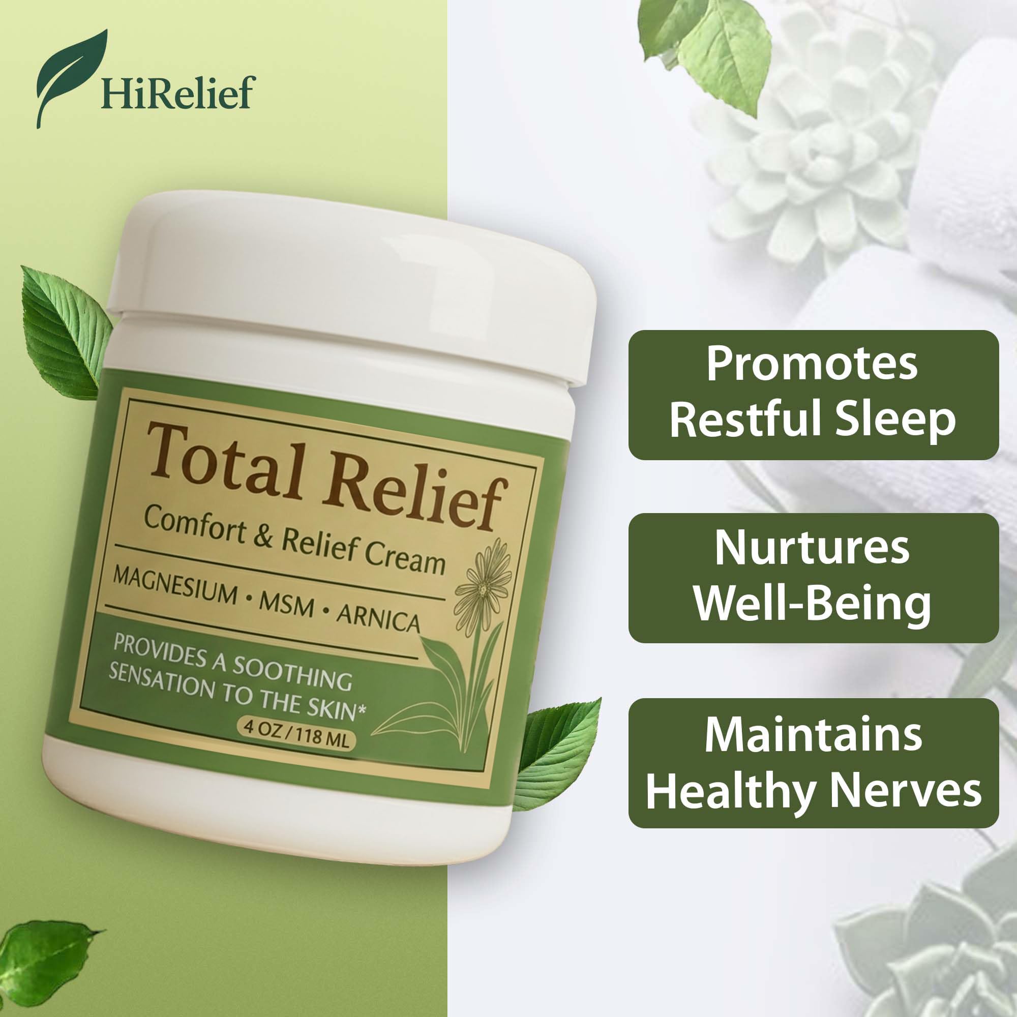 HiRelief Total Relief magnesium cream application on forearm demonstrates quick absorption.