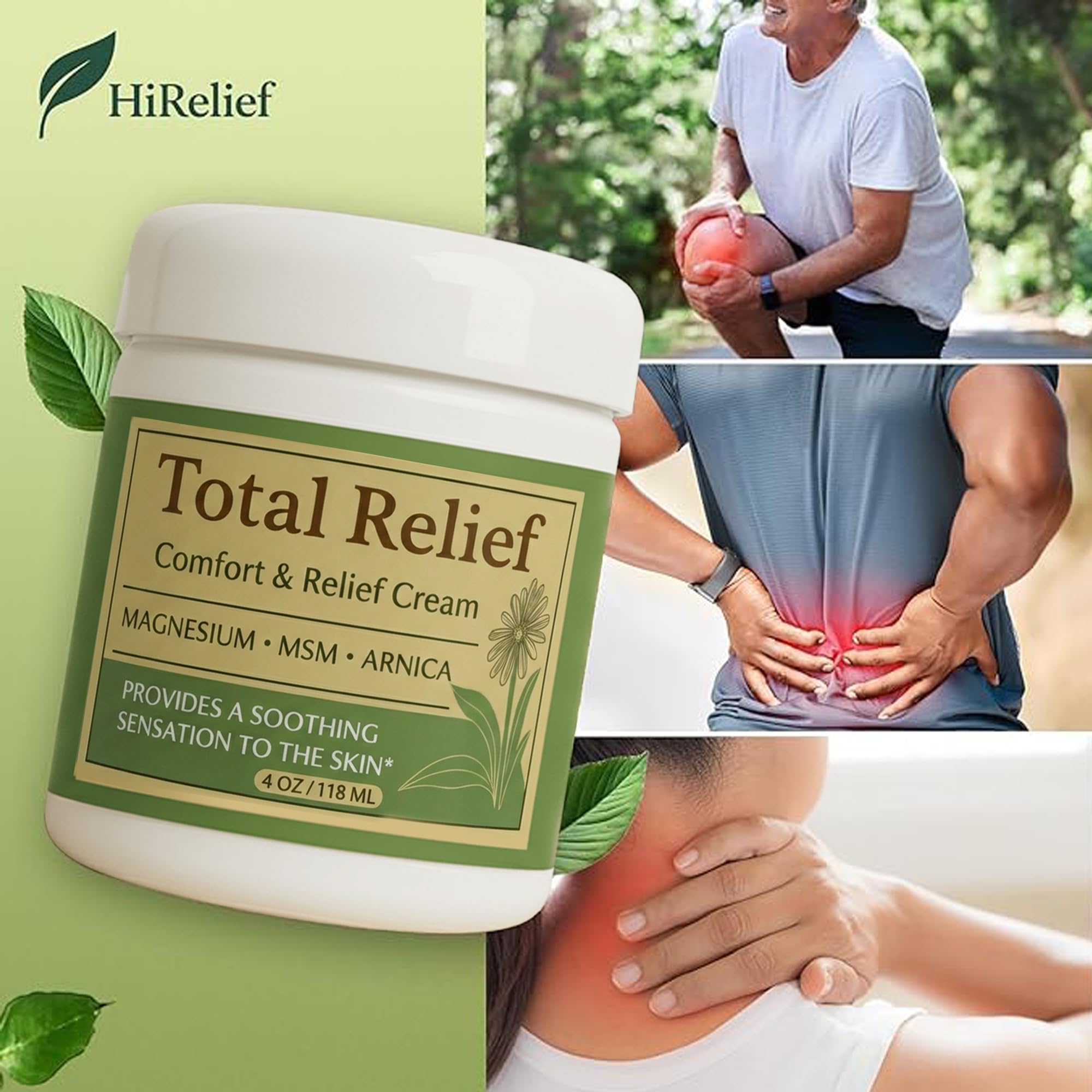 HiRelief Total Relief magnesium cream with MSM and Arnica for soothing daily use.