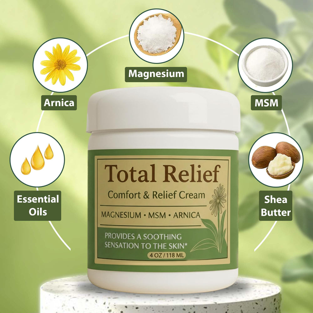 HiRelief Total Relief magnesium cream jar back shows MSM and Arnica ingredients.