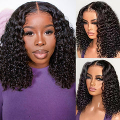 HIRIREMY deep wave bob wig 14 inch close-up; natural movement and shine