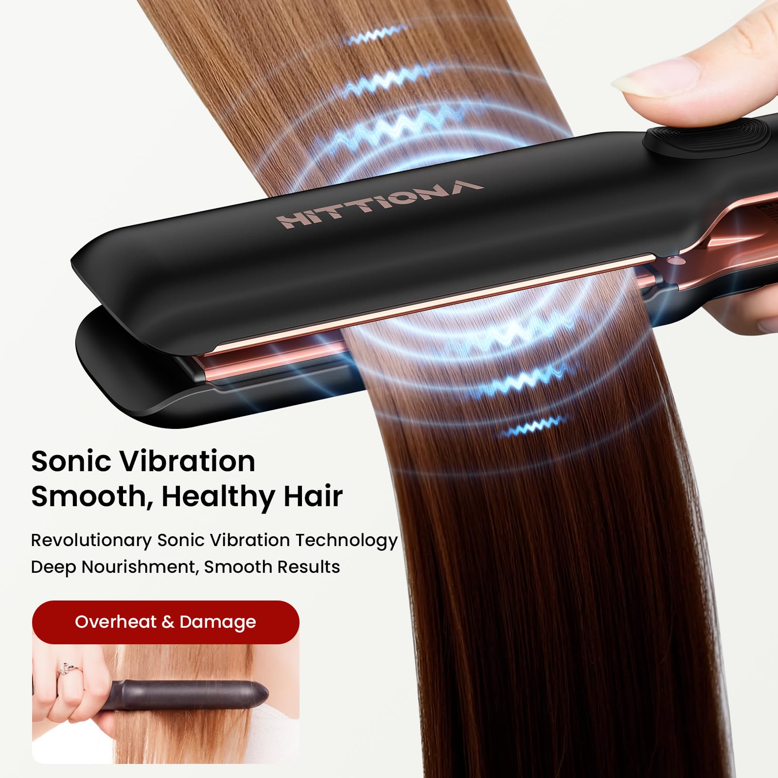 HITTIONA Flat Iron vibrating plates glide to reduce snagging during use.