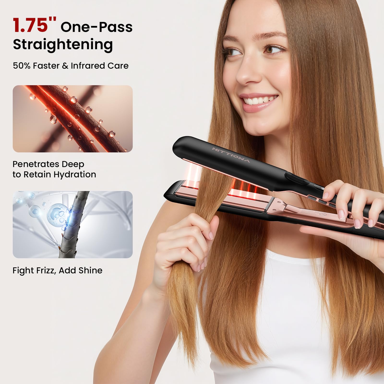 HITTIONA Flat Iron wide plates cover more hair per pass for quicker styling.