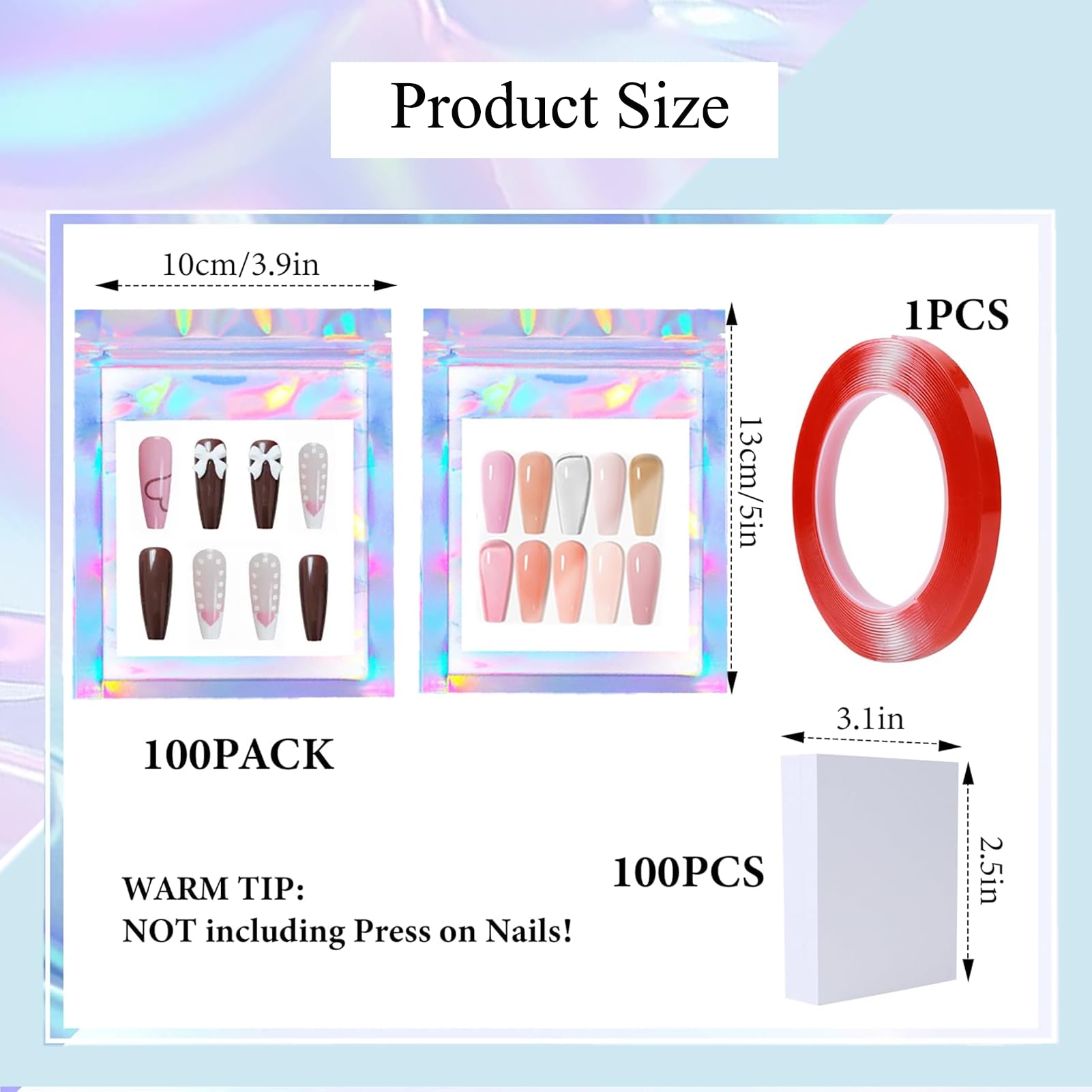 HLQHXWHZT holographic display bags front view highlighting shiny nail presentation.