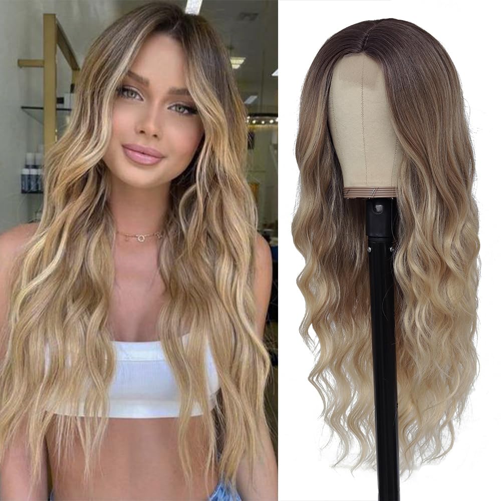 HMHIFI 26-inch ombre brown-blonde wavy wig for natural daily wear