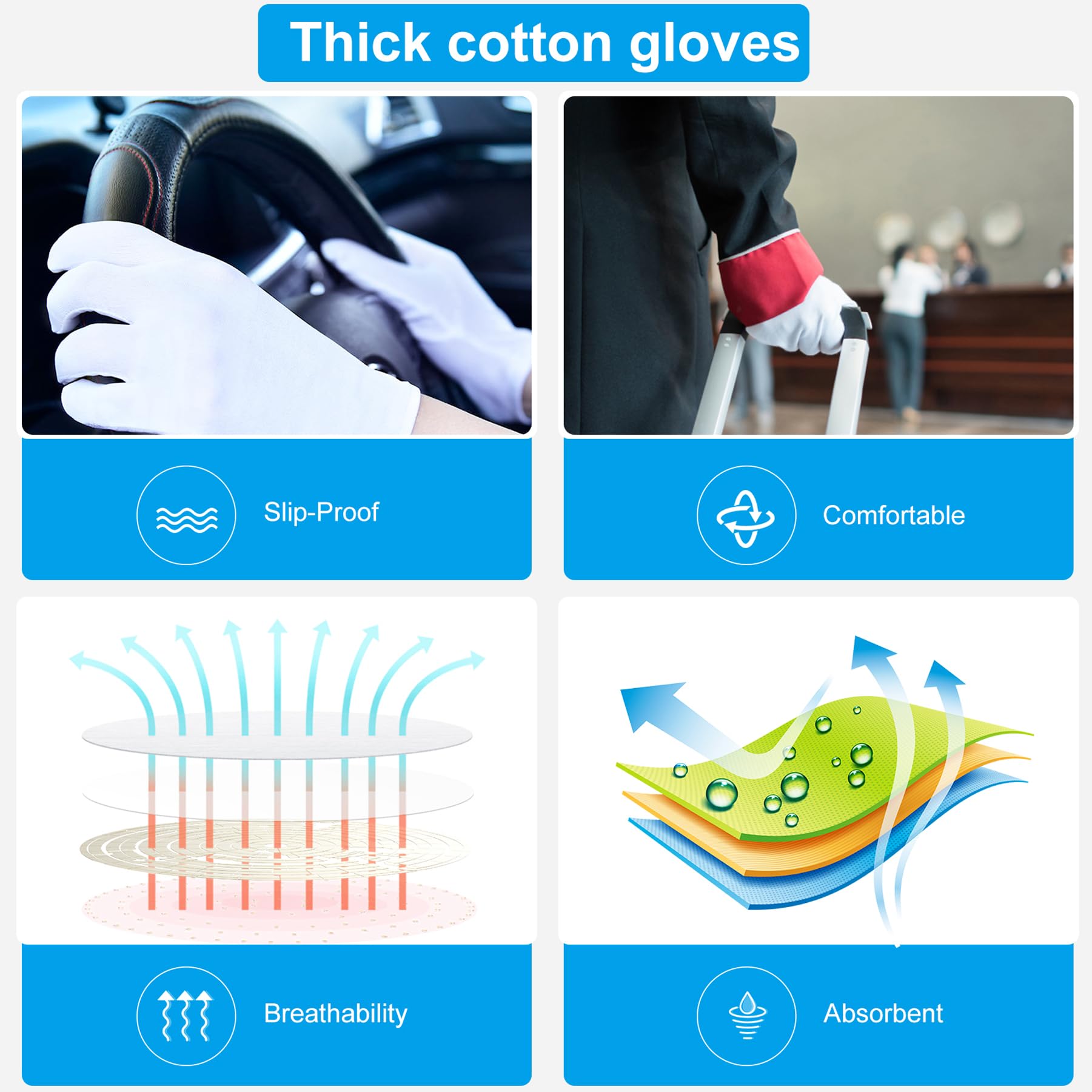 Guantes HMNYSOL de algodón blancos con diseño ergonómico para mayor confort.