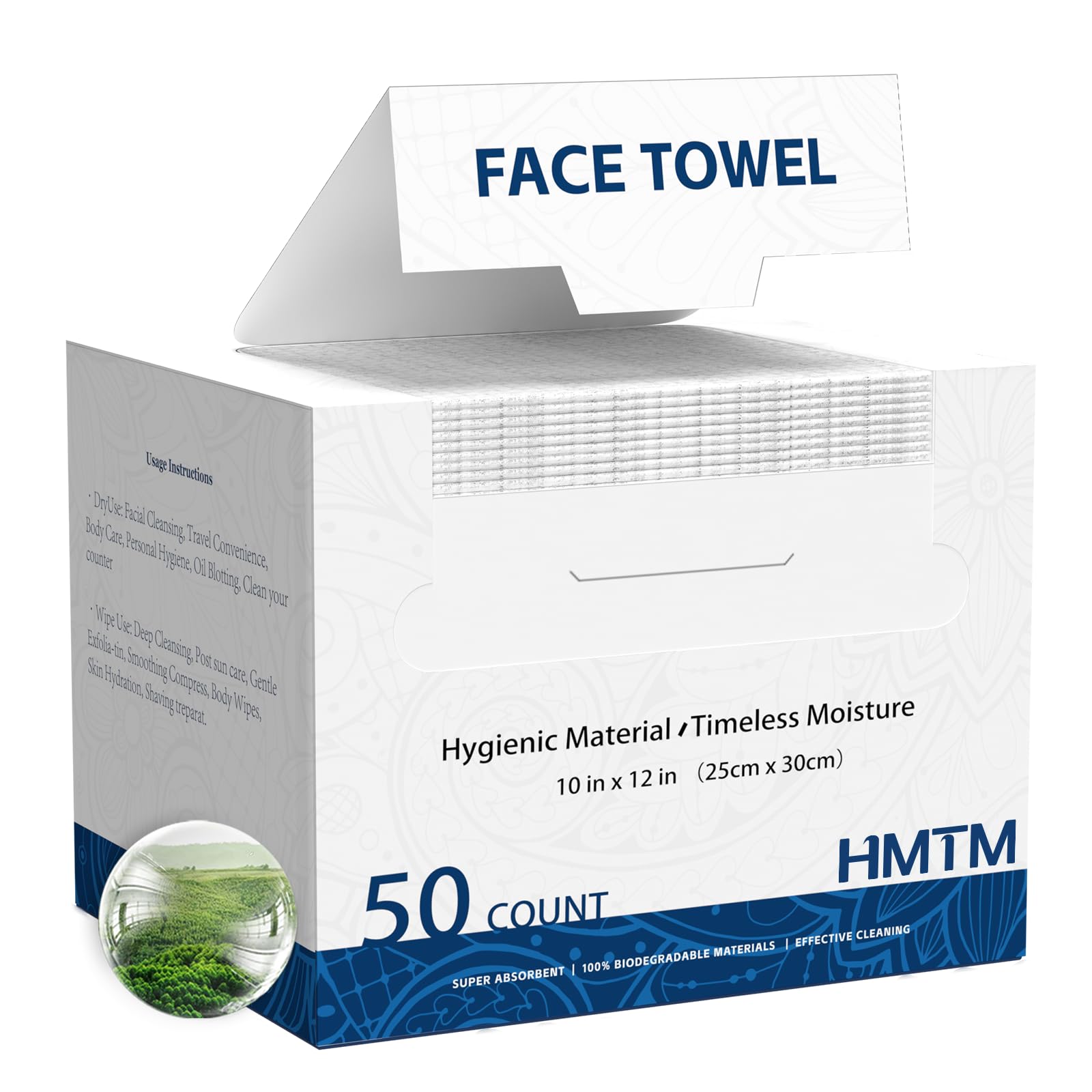 HMTM toallas faciales 10x12, empaque de 50, ecológicas y prácticas para el cuidado diario.