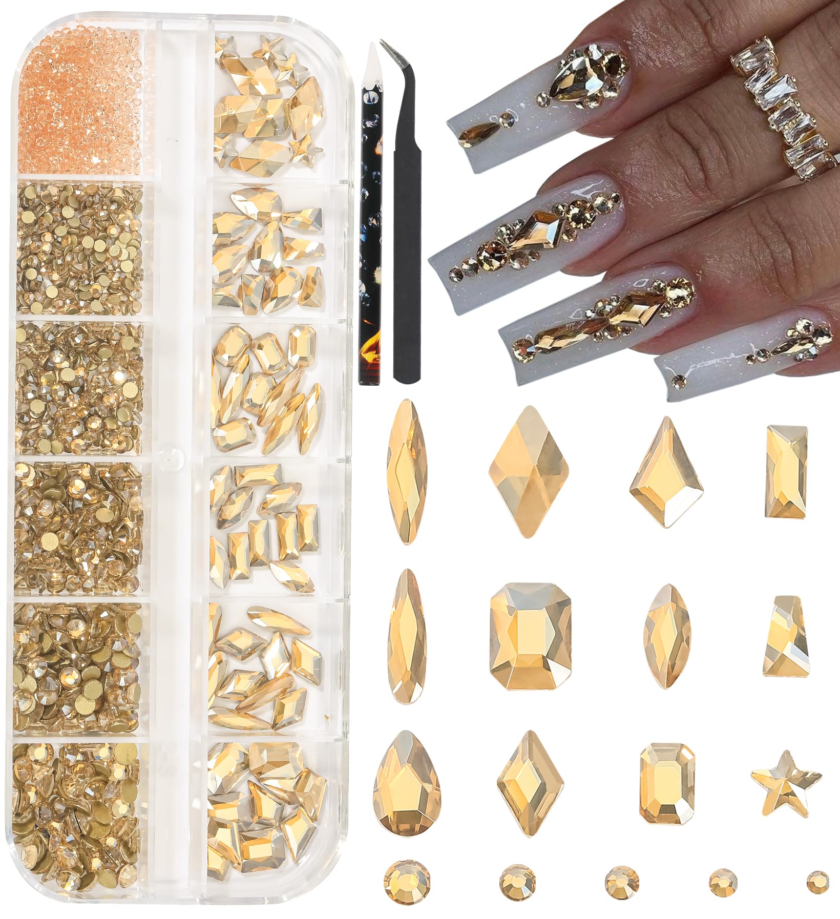 HNUIX kit diamantes uñas dorado champán para decoración rápida y elegante.