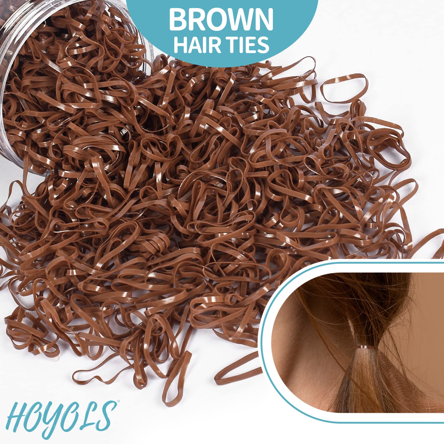 HOYOLS brown bands worn in a ponytail for a gentle, secure hold.