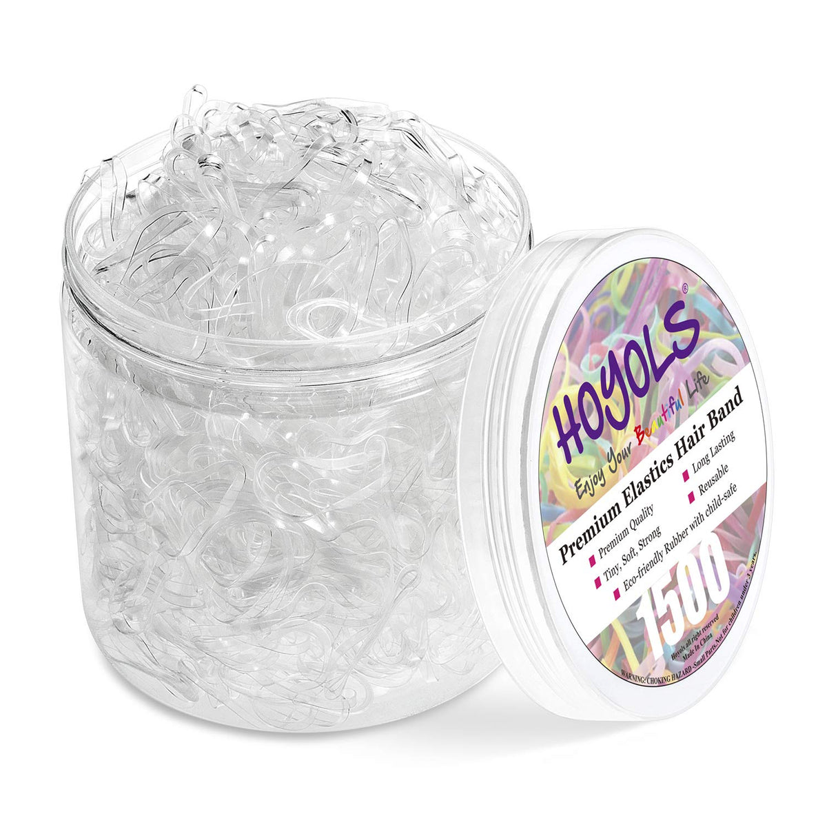 HOYOLS clear elastic hair bands in a reusable container for mess-free storage.
