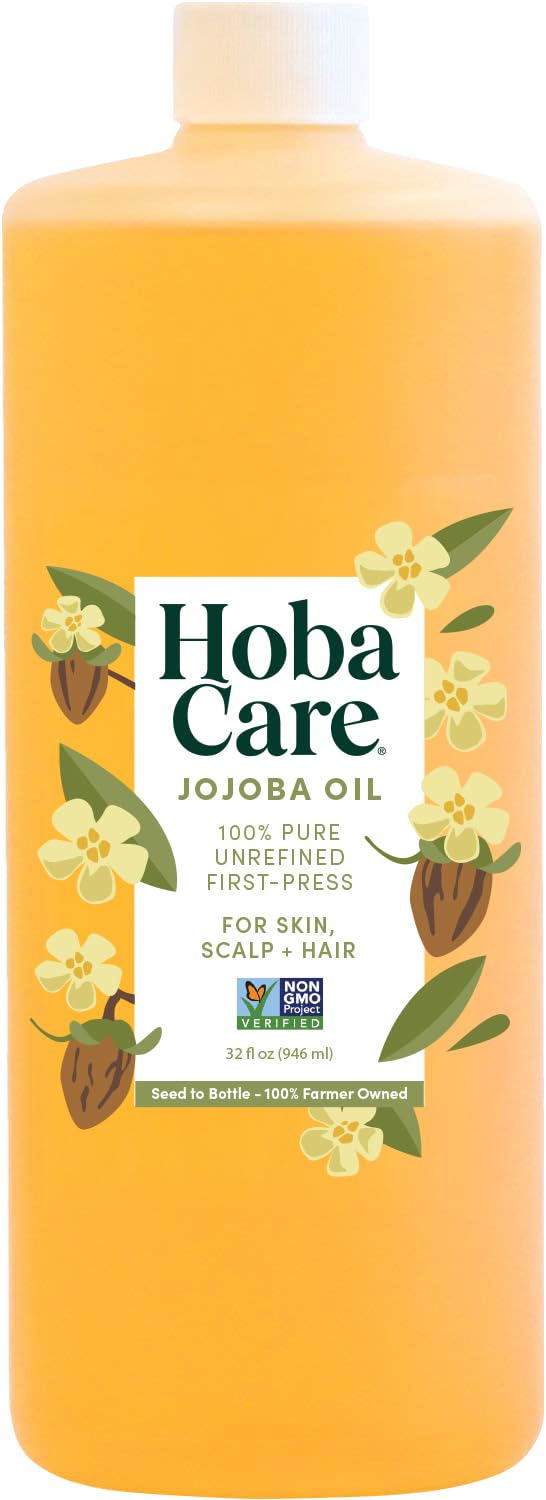 HobaCare Jojoba Oil bottle pour for smooth skin and hair hydration.