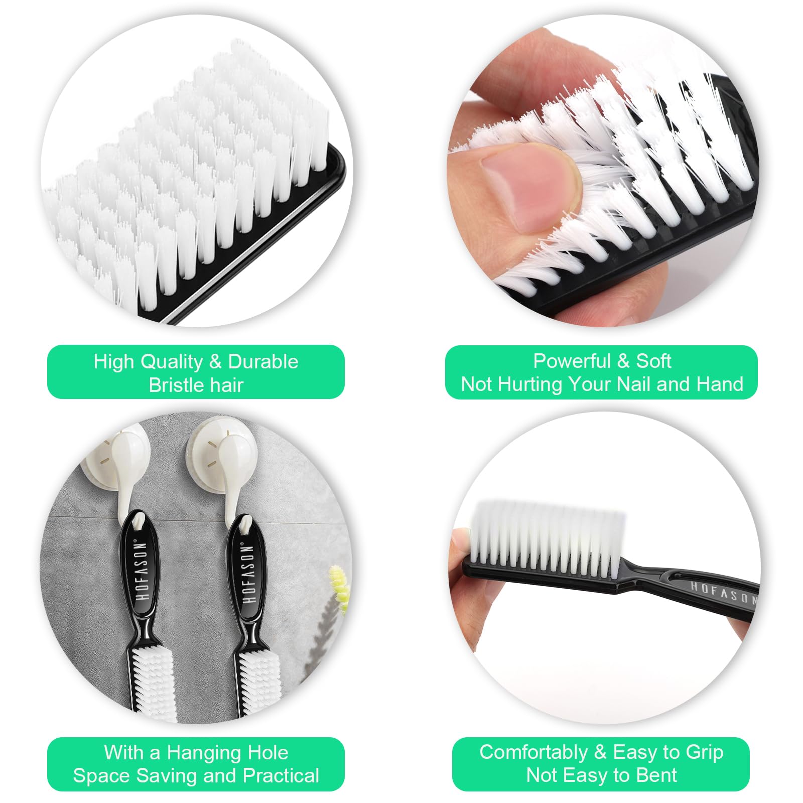 HOFASON nail brush shown in multi-use kitchen and bathroom tasks.