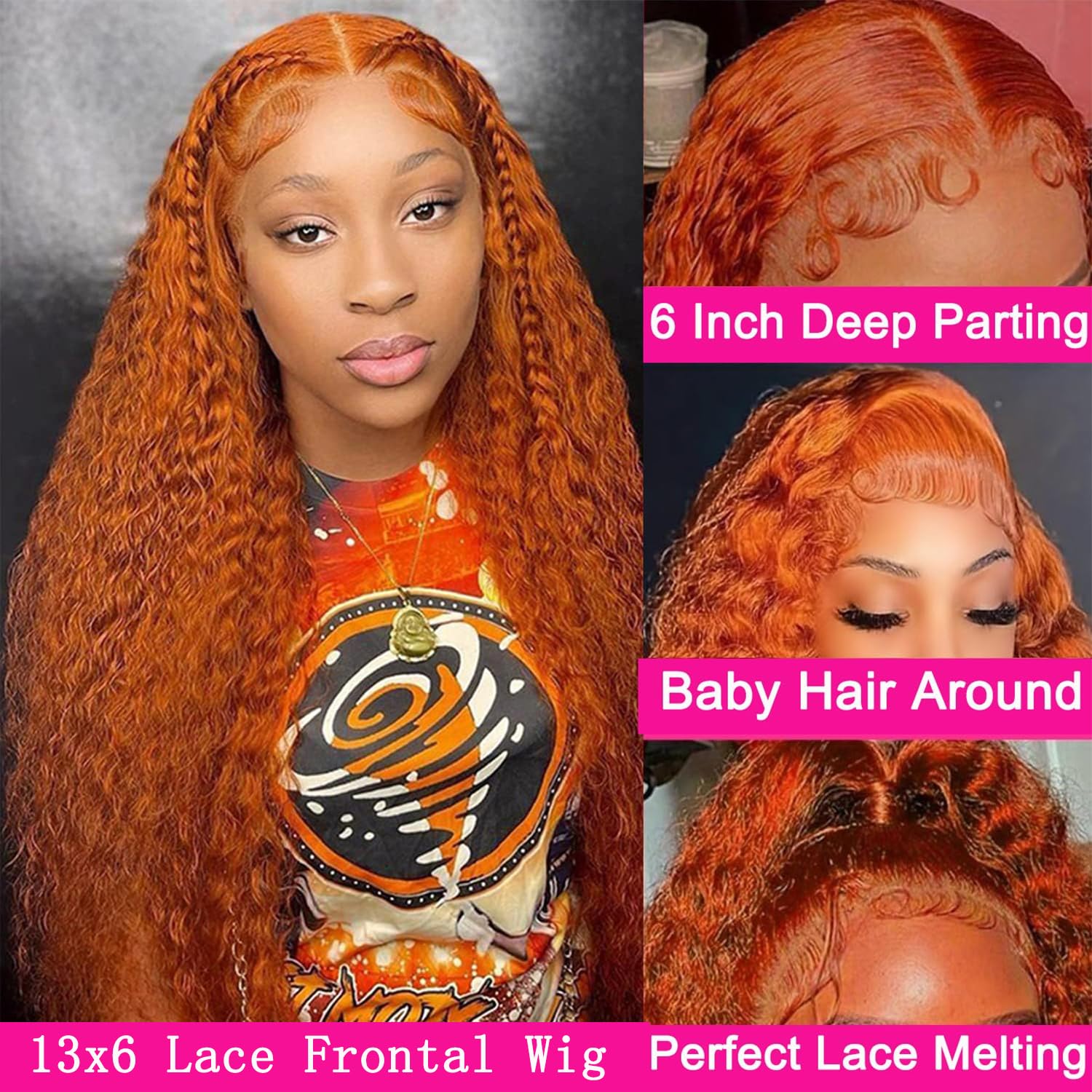 Hoiloxa orange ginger deep wave lace front showing vibrant color and texture.