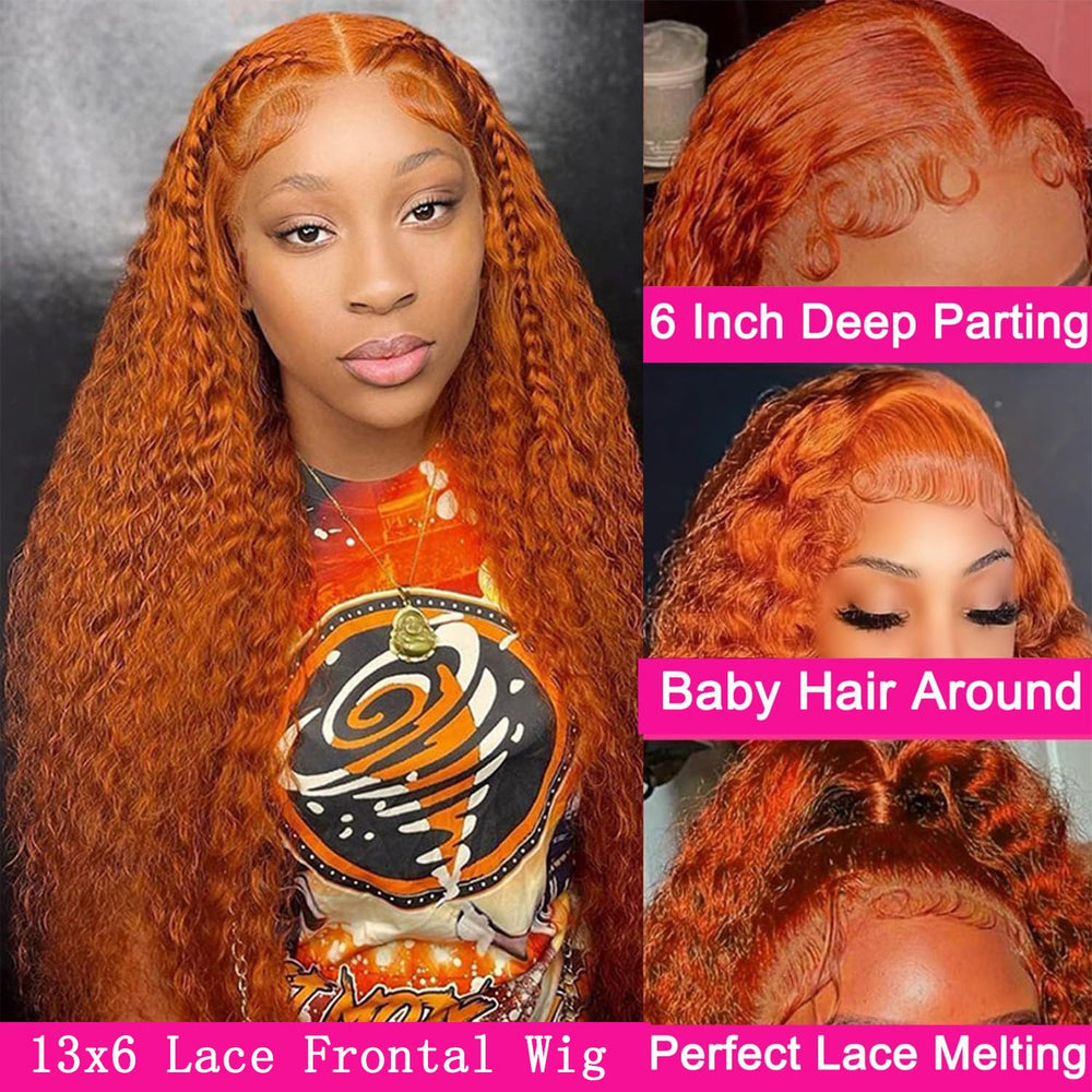 Hoiloxa orange ginger deep wave lace front showing vibrant color and texture.