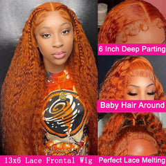 Hoiloxa orange ginger deep wave lace front showing vibrant color and texture.