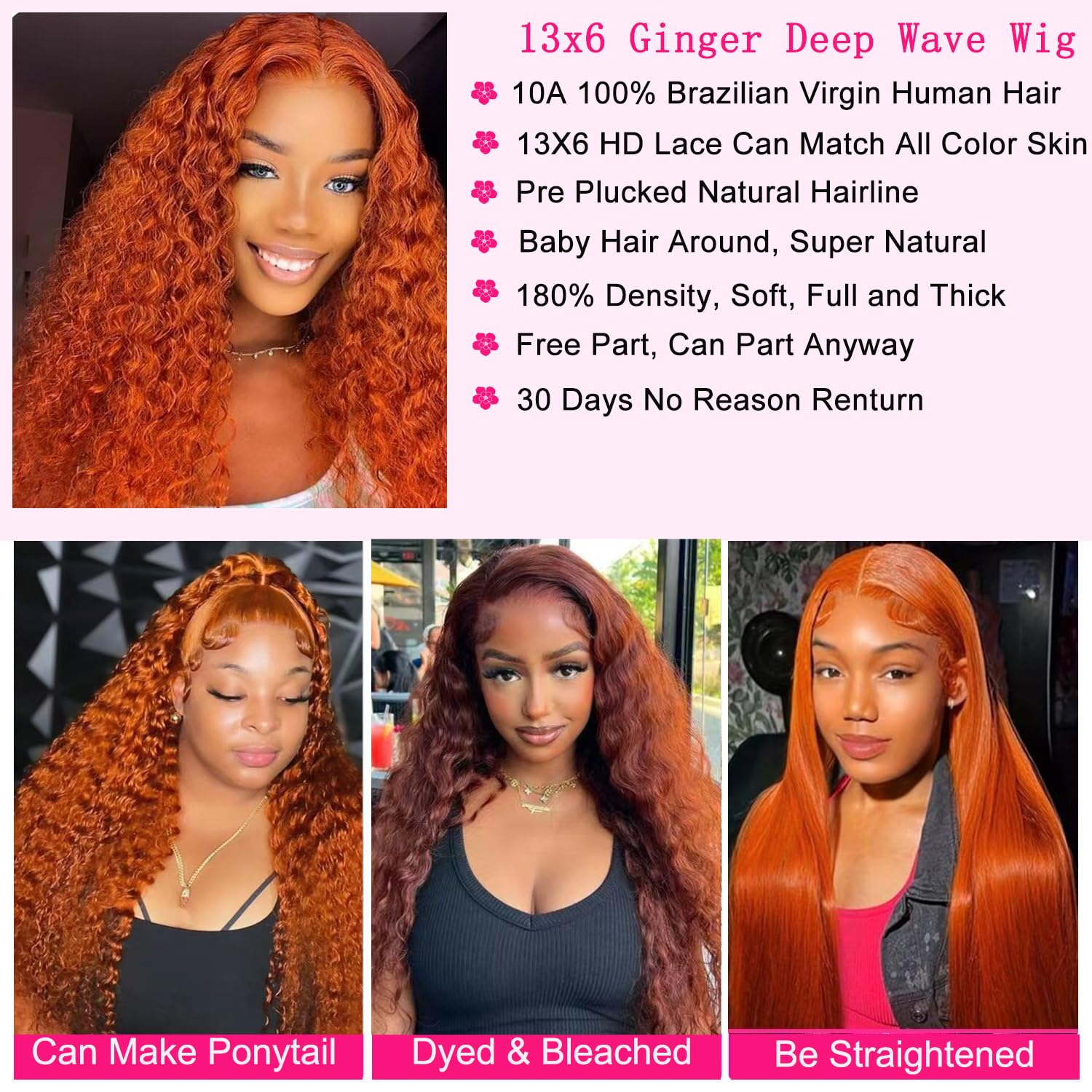 Hoiloxa pre-plucked ginger wig with natural hairline for easy wear.
