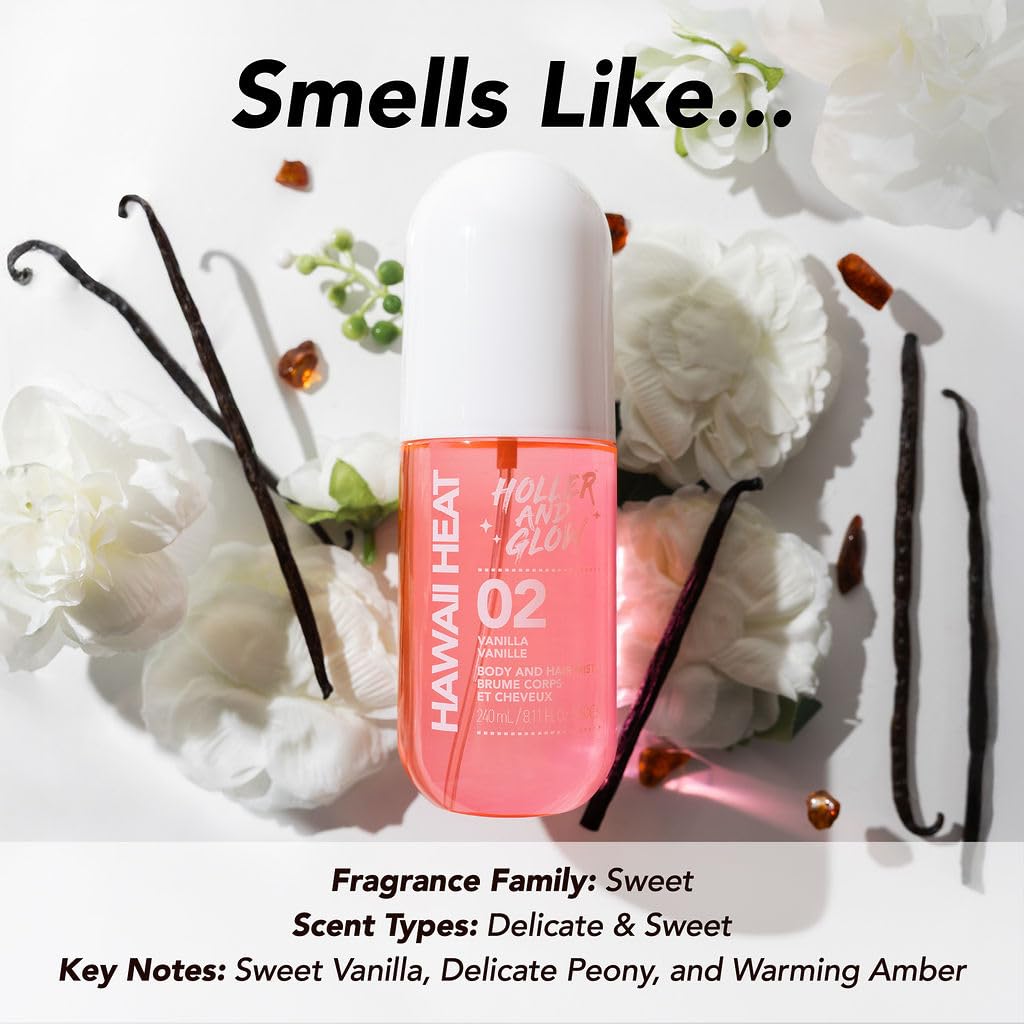 Holler & Glow Hawaii Heat label on bottle highlights tropical vanilla notes