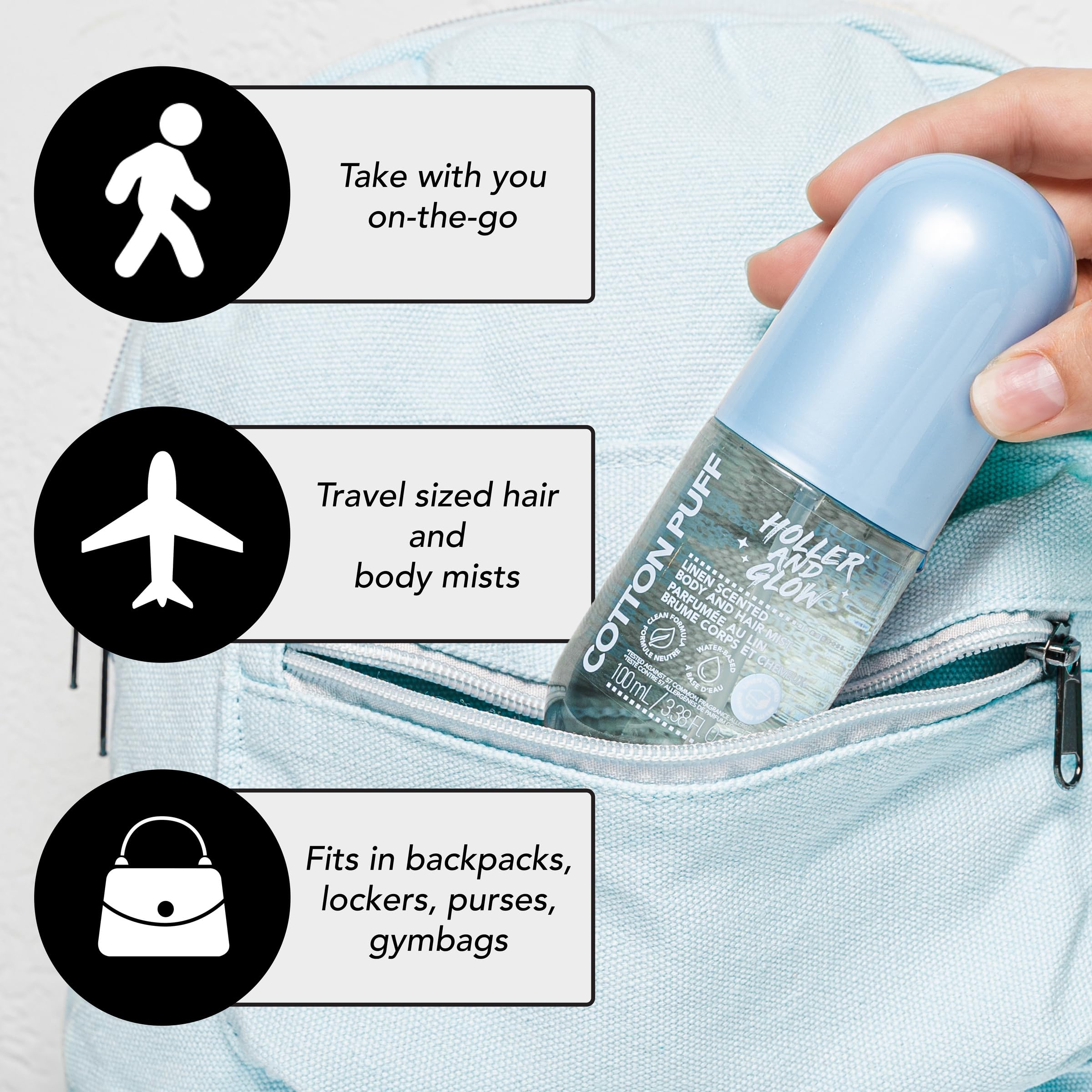 Holler & Glow mist on hair for fresh scent and styling.