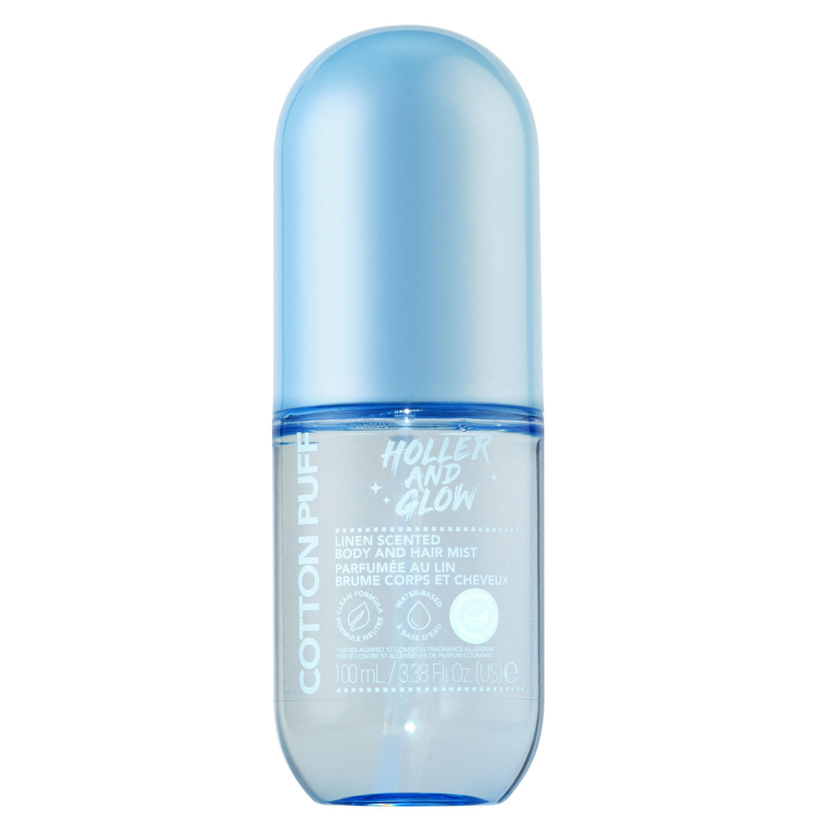 Holler & Glow Cotton Puff Mist bottle with linen scent for daily refreshment.