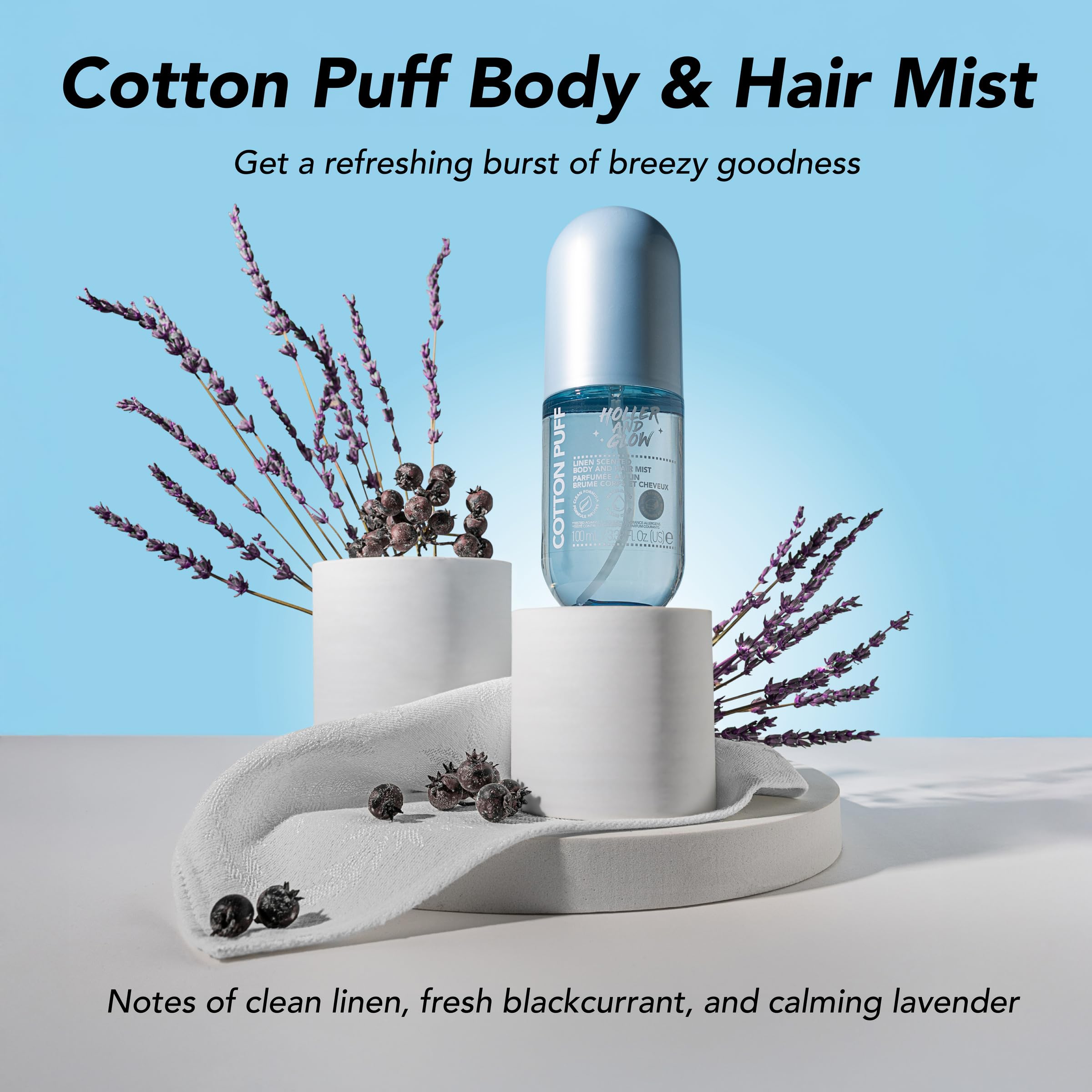 Holler & Glow mist spray on skin for light, lasting freshness.
