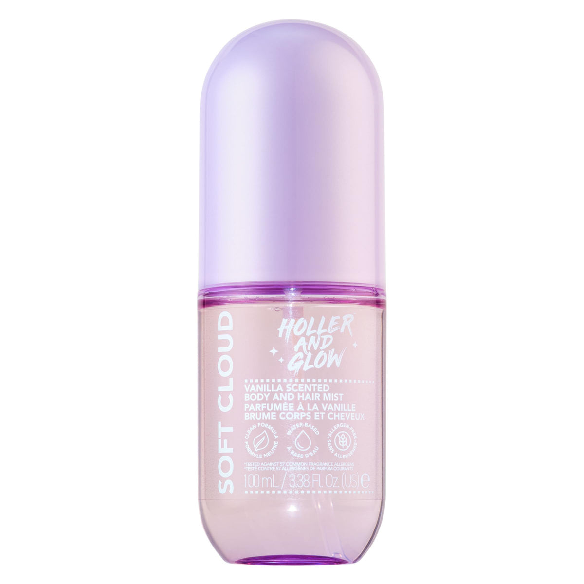 Holler And Glow Soft Cloud body mist bottle with vanilla coconut amber notes for daily freshness.