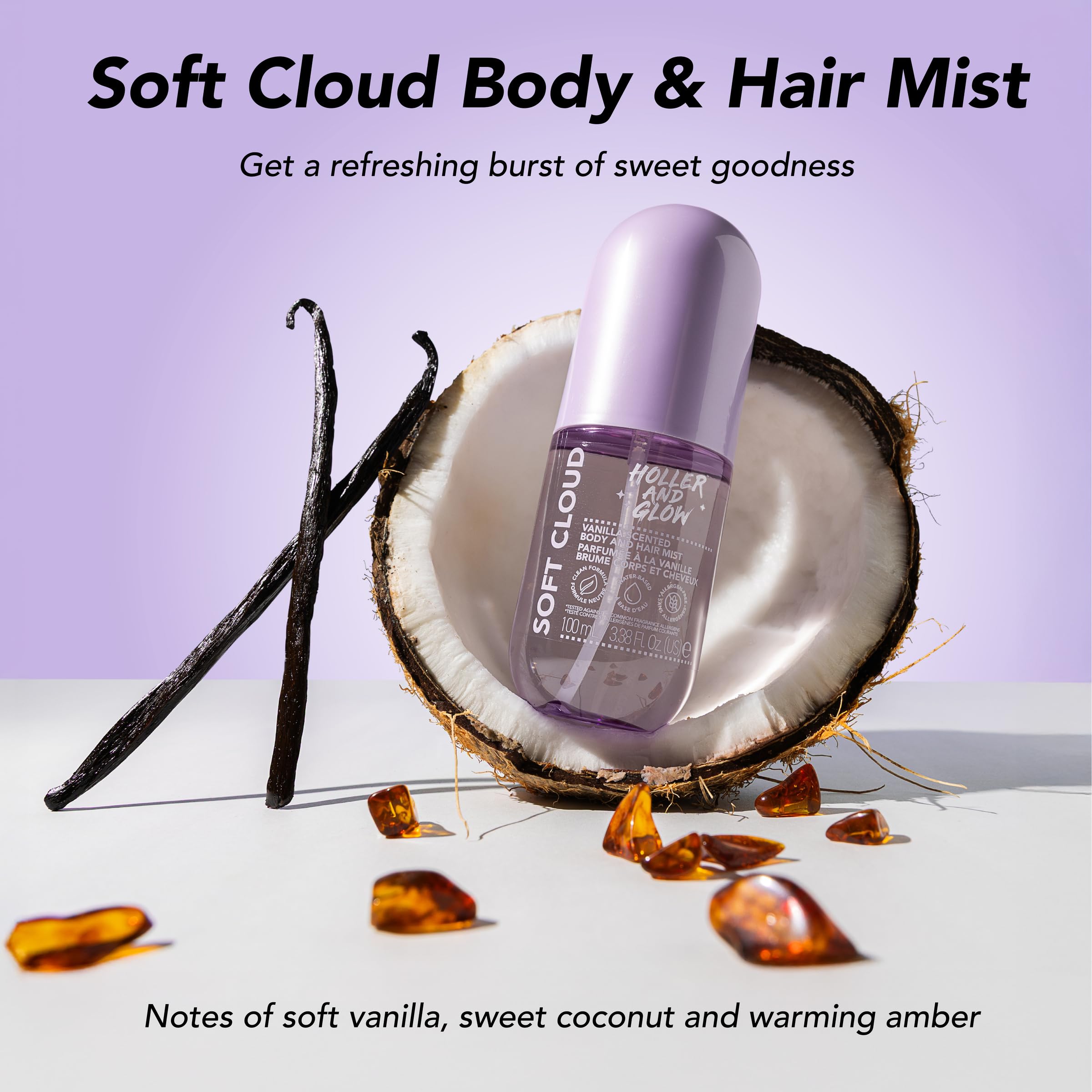 Holler And Glow Soft Cloud mist spray application for a light, lasting scent.