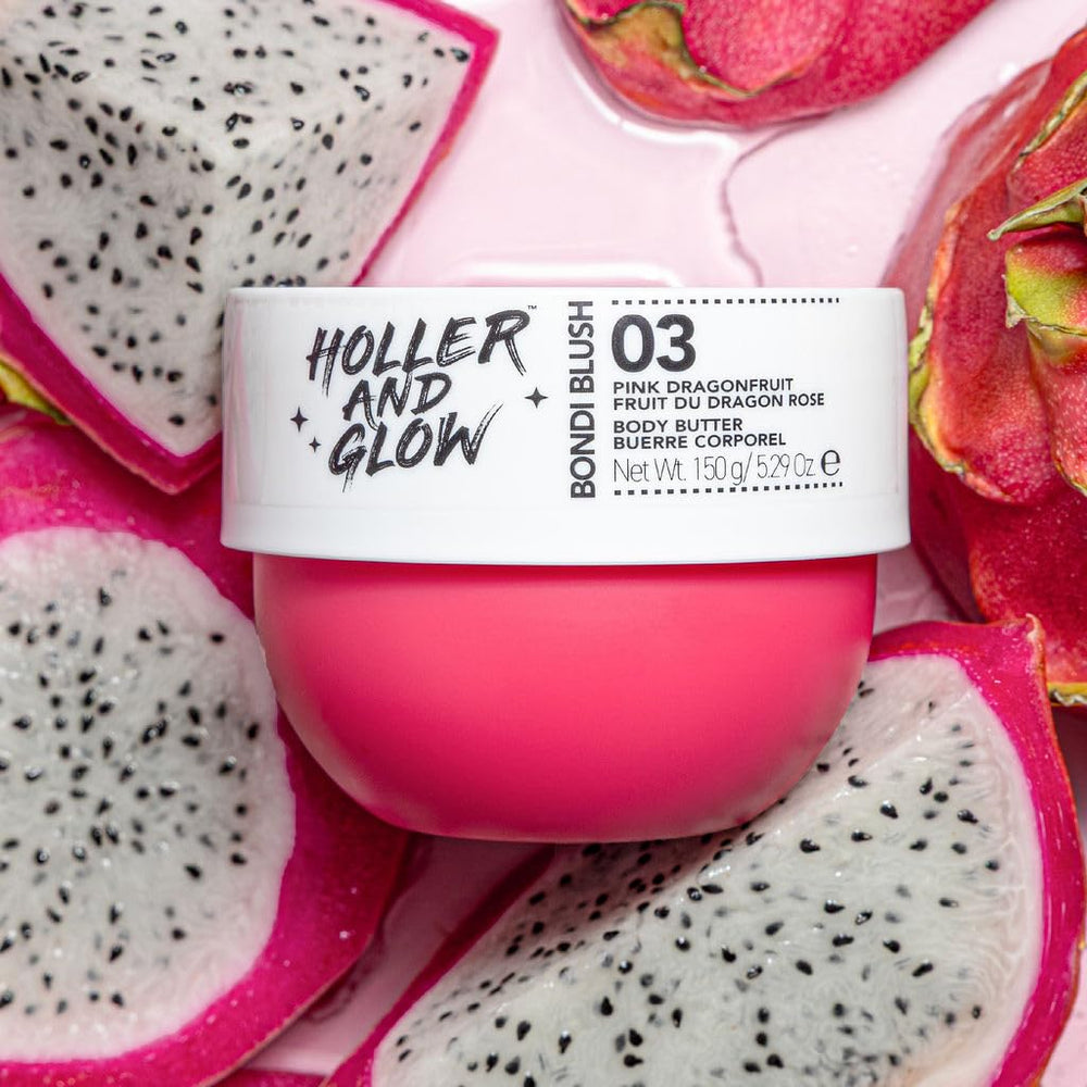 Streak of Holler & Glow Bondi Pink Dragonfruit Body Butter on skin for a smooth feel.