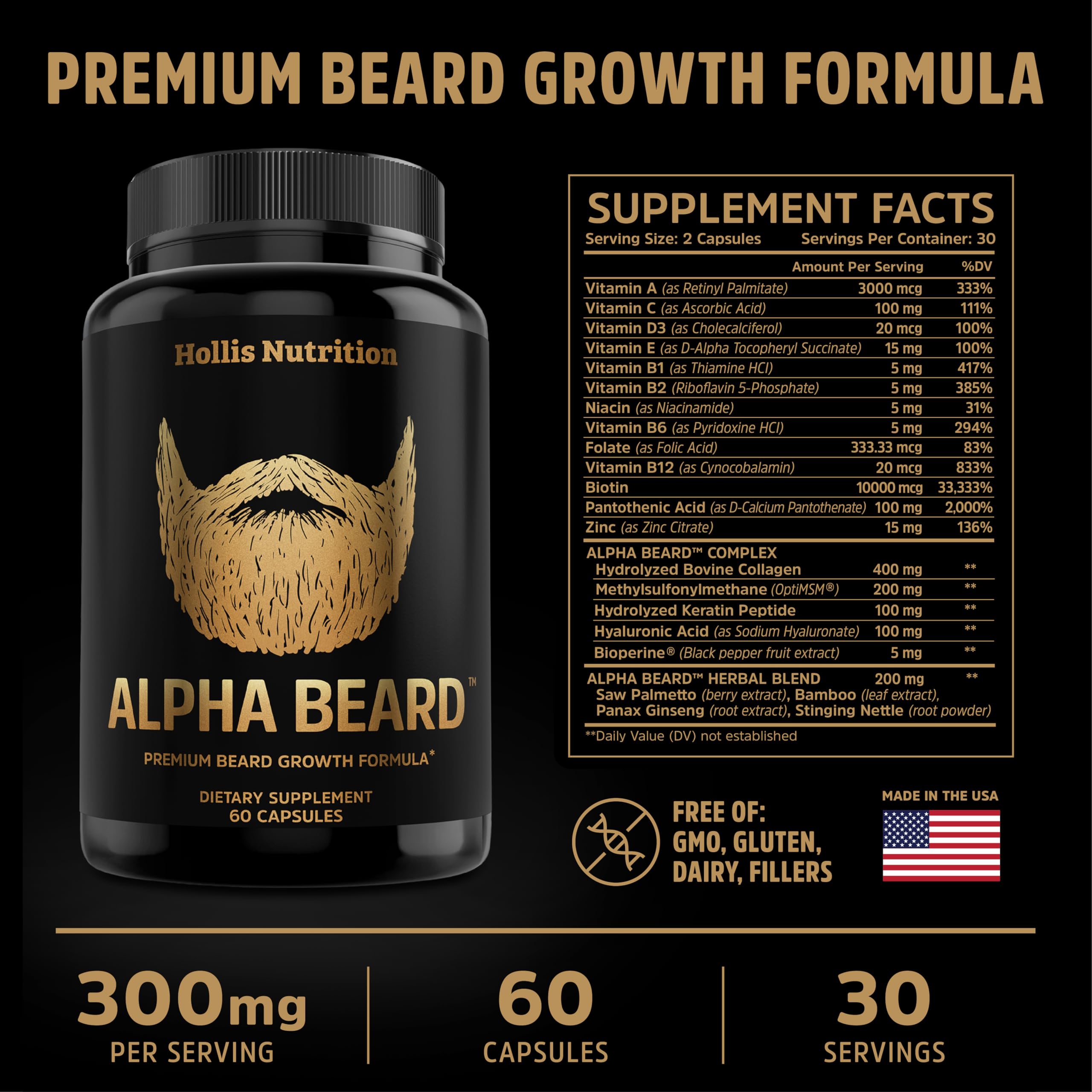 Alpha Beard Growth Vitamins capsules close-up highlighting biotin and keratin for hair health