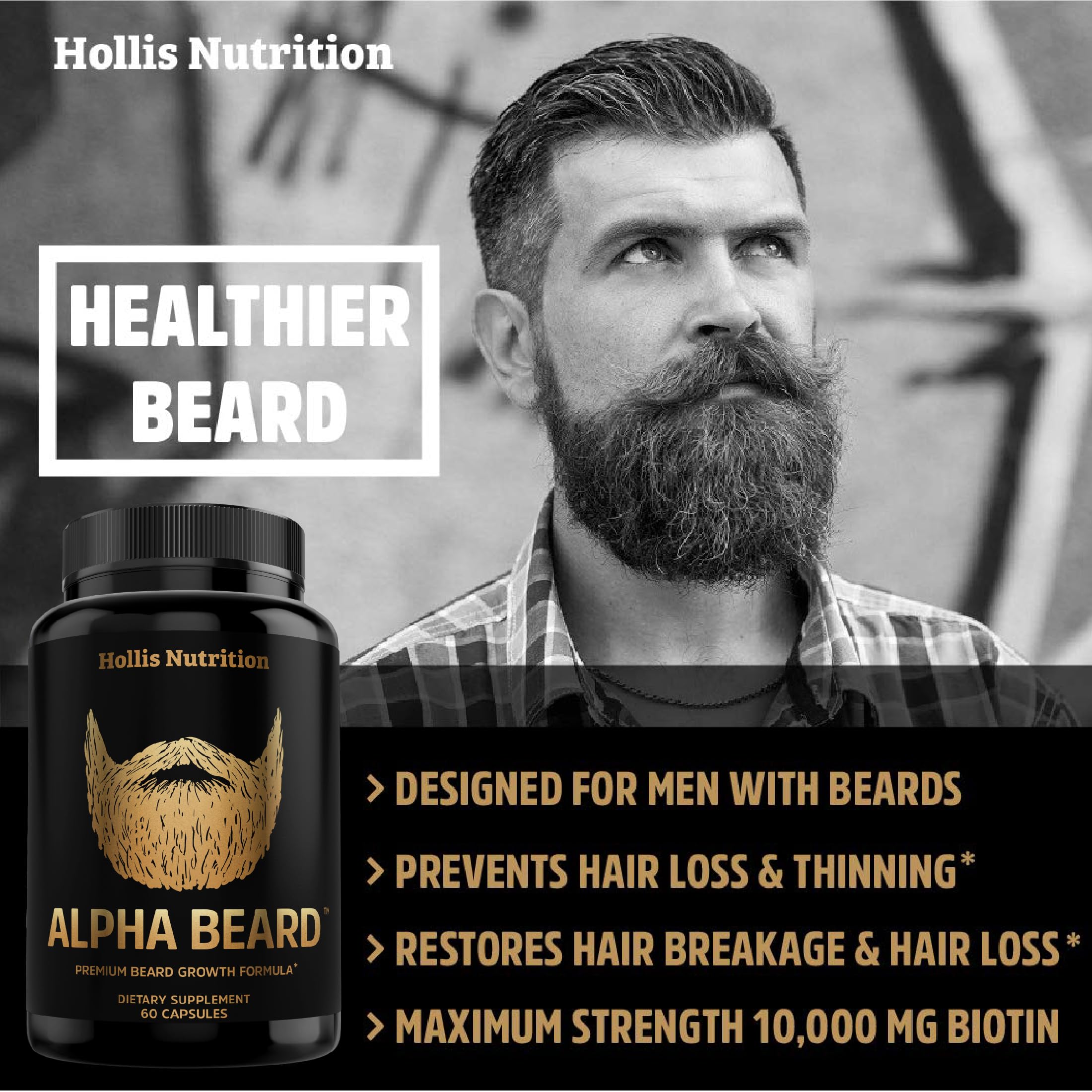 Alpha Beard Growth Vitamins label packaging showing premium USA-made quality
