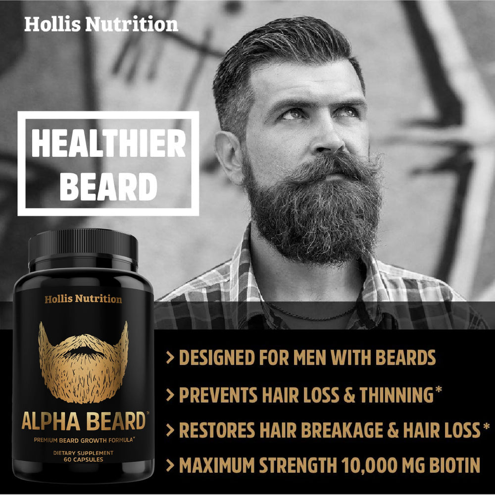 Alpha Beard Growth Vitamins label packaging showing premium USA-made quality