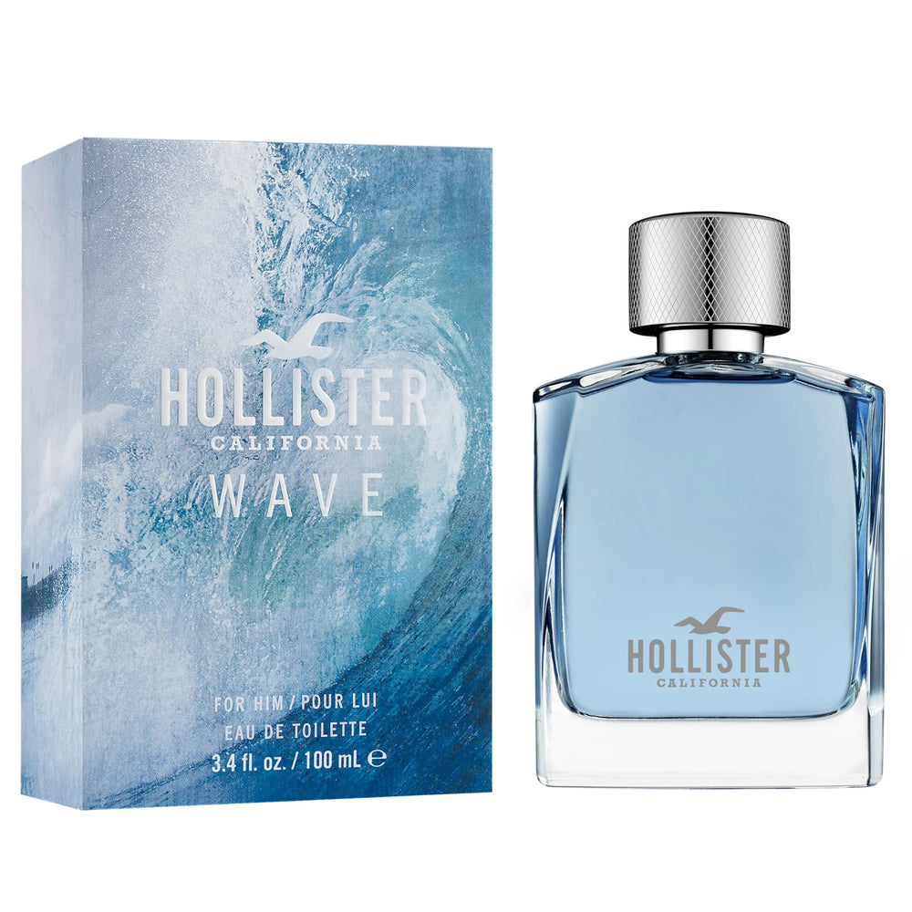Hollister Wave Men EDT bottle side view, compact silhouette ideal for travel and on-the-go.