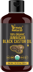 Holy Natural aceite negro jamaicano en bote para nutrición capilar diaria.