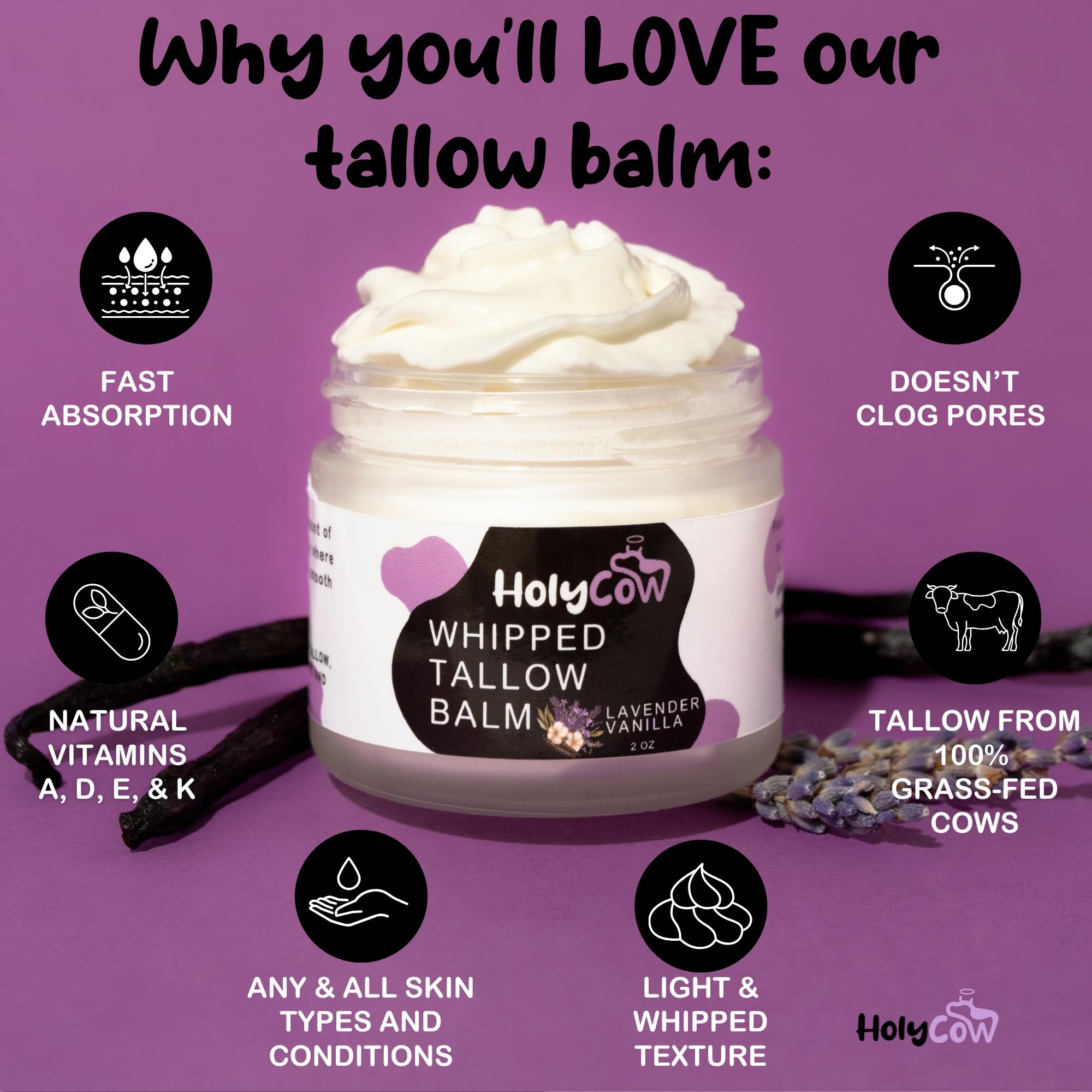HolyCow grass-fed beef tallow bottle label emphasizes clean ingredients.