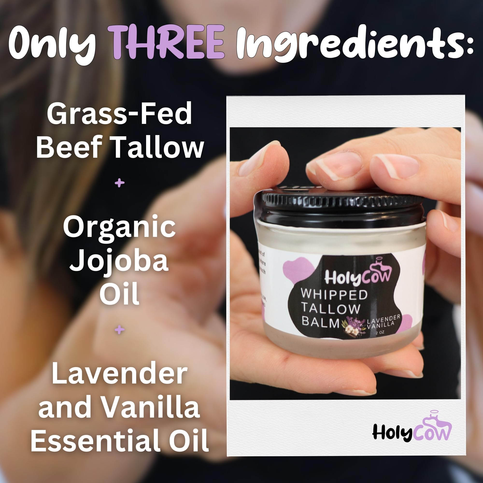 HolyCow tallow texture close-up highlights creamy, non-greasy hydration.