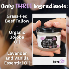 HolyCow tallow texture close-up highlights creamy, non-greasy hydration.