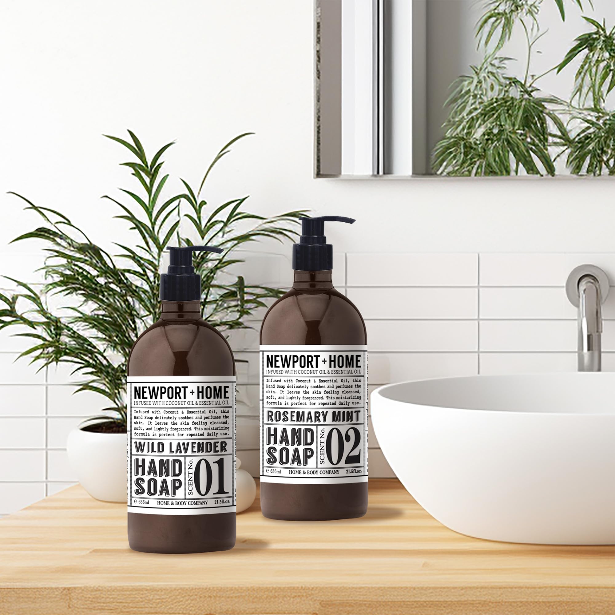 Home & Body Co Newport Rosemary Mint hand soap bottle with easy-dispense design.