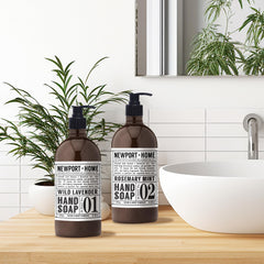 Home & Body Co Newport Rosemary Mint hand soap bottle with easy-dispense design.